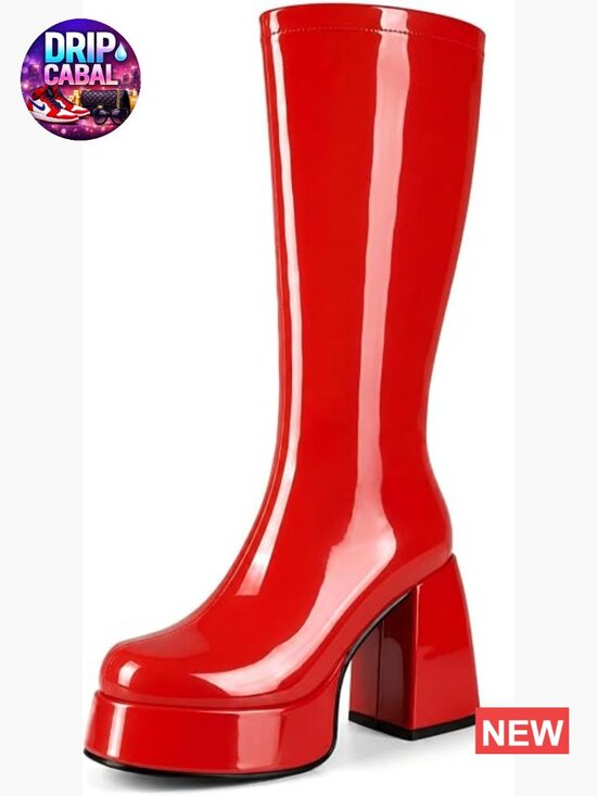 Shoes - Patent Leather Platform Knee High Boots Chunky Heel Square Toe Go-Go